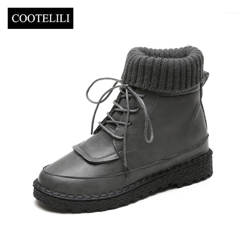 

COOTELILI Women Boots Ankle Boots 2018 Winter Shoes Lace-Up Knitted Flat Shoes Rubber Women Leather 3cm Heel1, Black
