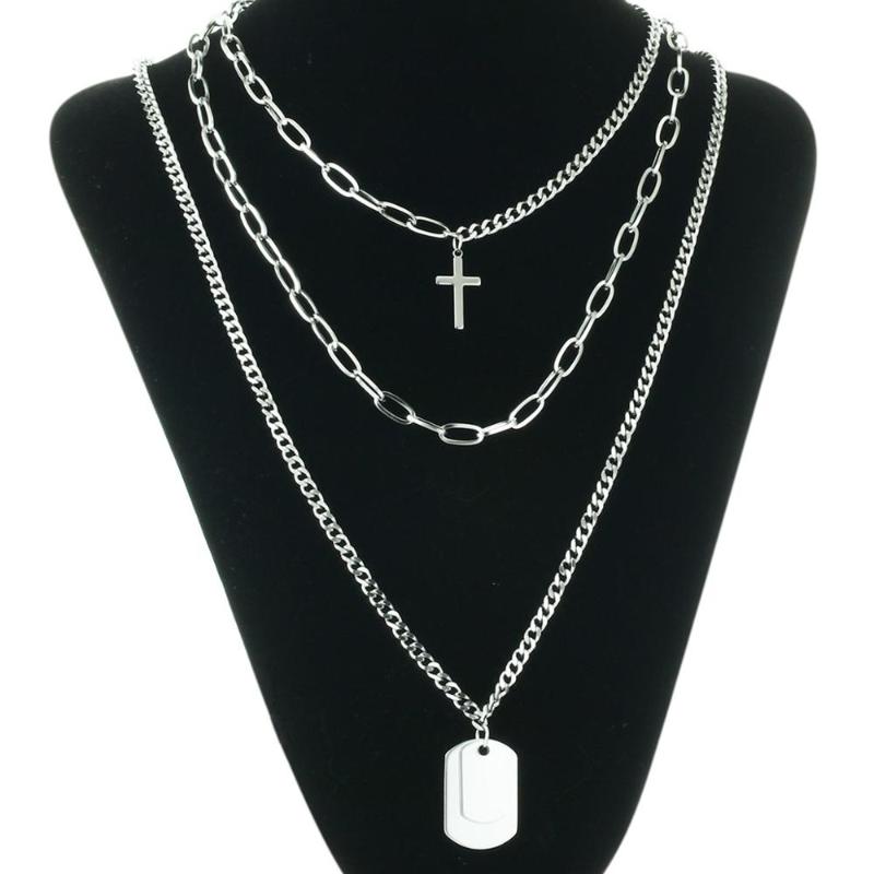 

Pendant Necklaces Cross Layered Stainless Steel Necklace Square Tag Neckless Style Chains Men Long Punk