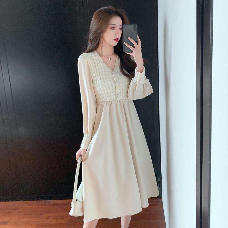 

Stylish Women' Clothing 2020 Autumn Winter French Temperament Waist V-Neck Knitted Stitching Long-Sleeved Base One-Piece Dress, Black