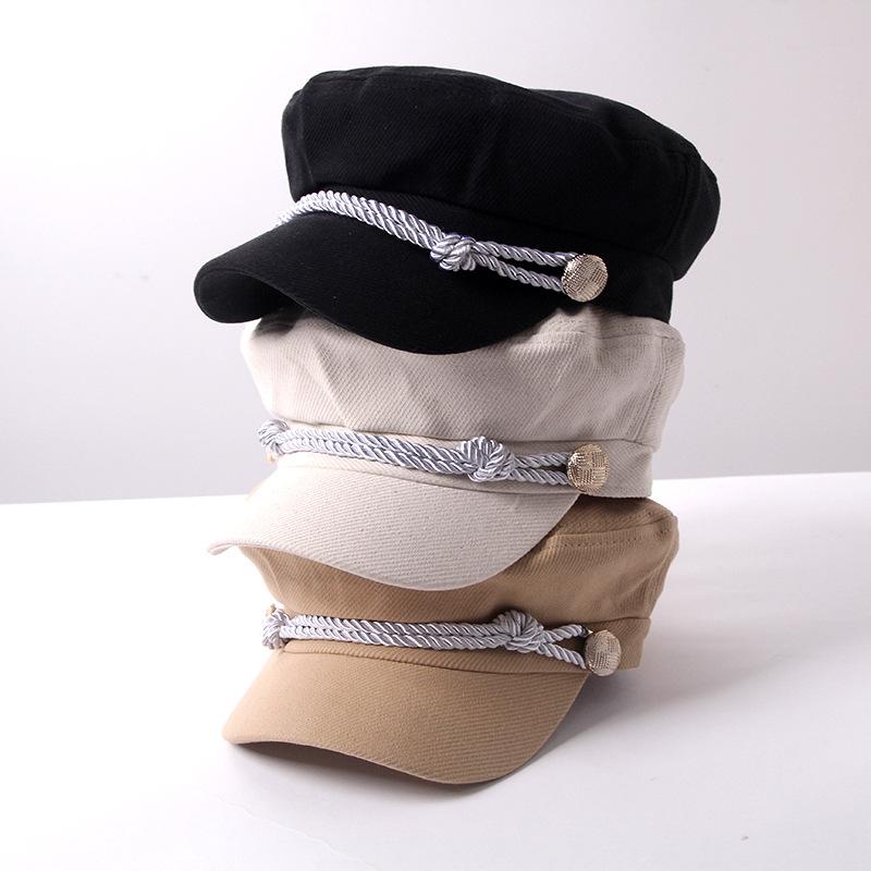 

Women Vintage Winter Berets Hat Black Simple Rope Buckle Flat Top Octagon Beret Leisure Joker French Hat