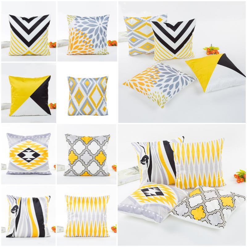 

100% Satin Silk Geometric Pillowcase Bright Yellow Black Cushions Cover Modern Nordic Simple White Throw Pillows Decorative Sofa