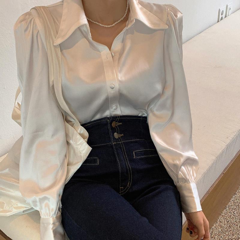 

Women' Blouses & Shirts 2022 Loose Silk Satin Womens Tops Button Up Puff Sleeve Office Solid Shirt Women White Blouse Blusas Mujer, Creamy-white