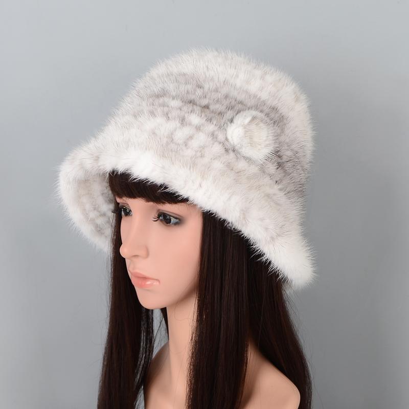 

2020 real mink skin hat fashion flower pot women's cap knitted elastic earmuffs hot for autumn and winter, Ivory.