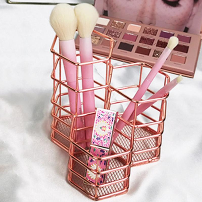 

Hexagonal Shaped Iron Hollow Makeup Brush Rack Rose Gold 3 Grids Cosmetic Tools Brush Backet Holder Makeup Tools Organizer