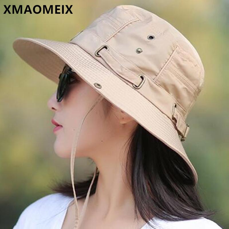 

XMAOMEIX Spring And Summer Sunscreen Bucket Hats For Women Foldable Solid Beach Hat Wind Rope Fixed Anti-UV Women's Fishing Cap, Black