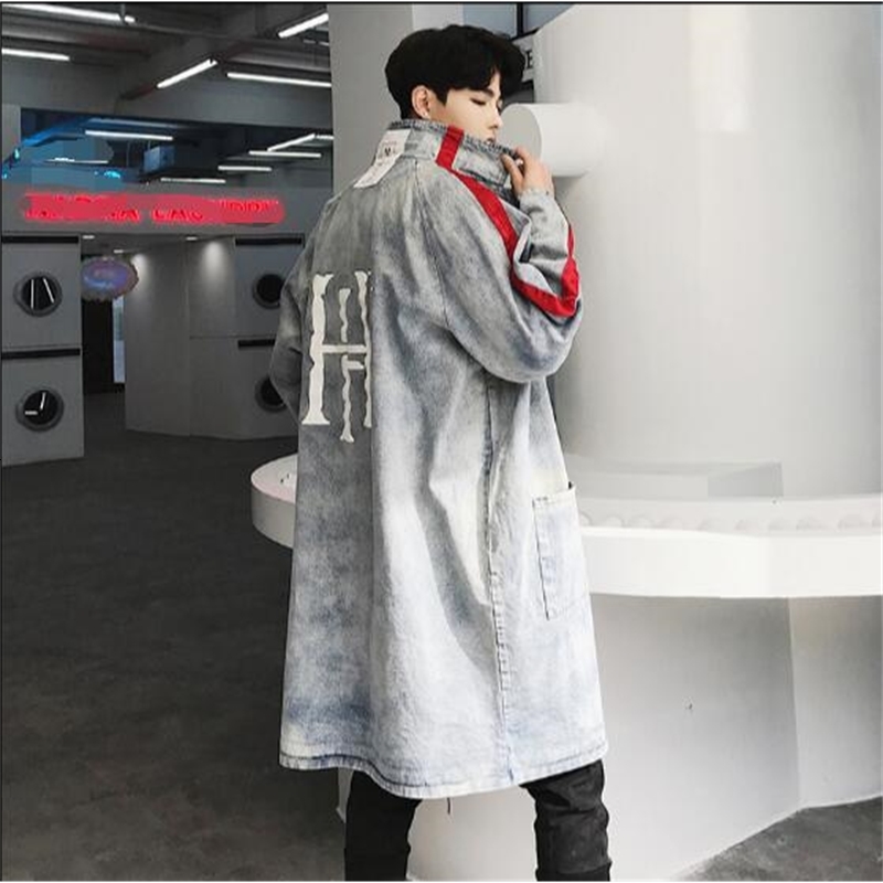 

2021 New Printed Denim of Men's Long, Loose Korean Youth Style Jacket Nice Coat Jeans. M3FY, Blue.