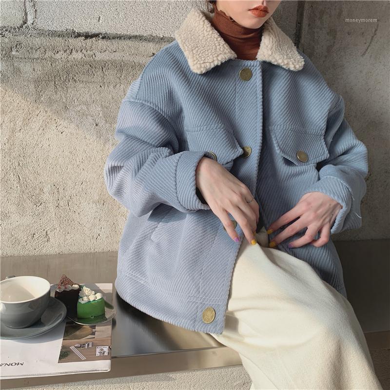 

New 2020 Autumn Winter Women Jackets Turn-down Collar Coat Outerwear Oversize Wool Blends Pockets Short Tops1, Blue