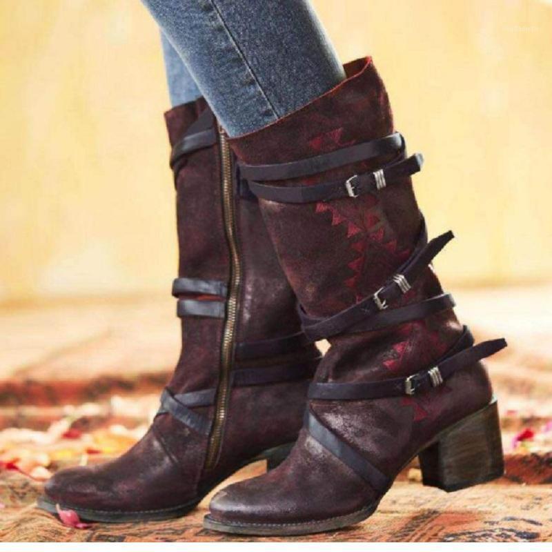 

Women boots chunky high heels platform ladies shoes vintage faux leather buckle strap riding boots plus size chaussures femme1, Red brown