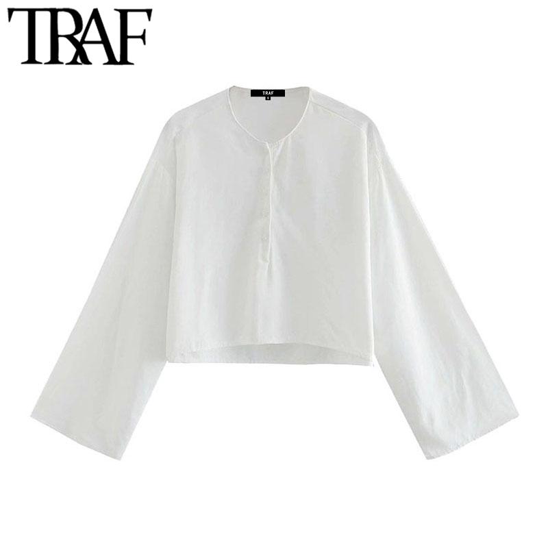 

TRAF Women Fashion Loose-Fitting Buttoned Cropped Blouses Vintage O Neck Wide Long Sleeve Female Shirts Chic Tops, As picture