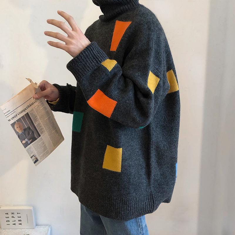 

Korean version of turtleneck sweater men's loose couple knitwear autumn casual pullover bottoming sweater, Black