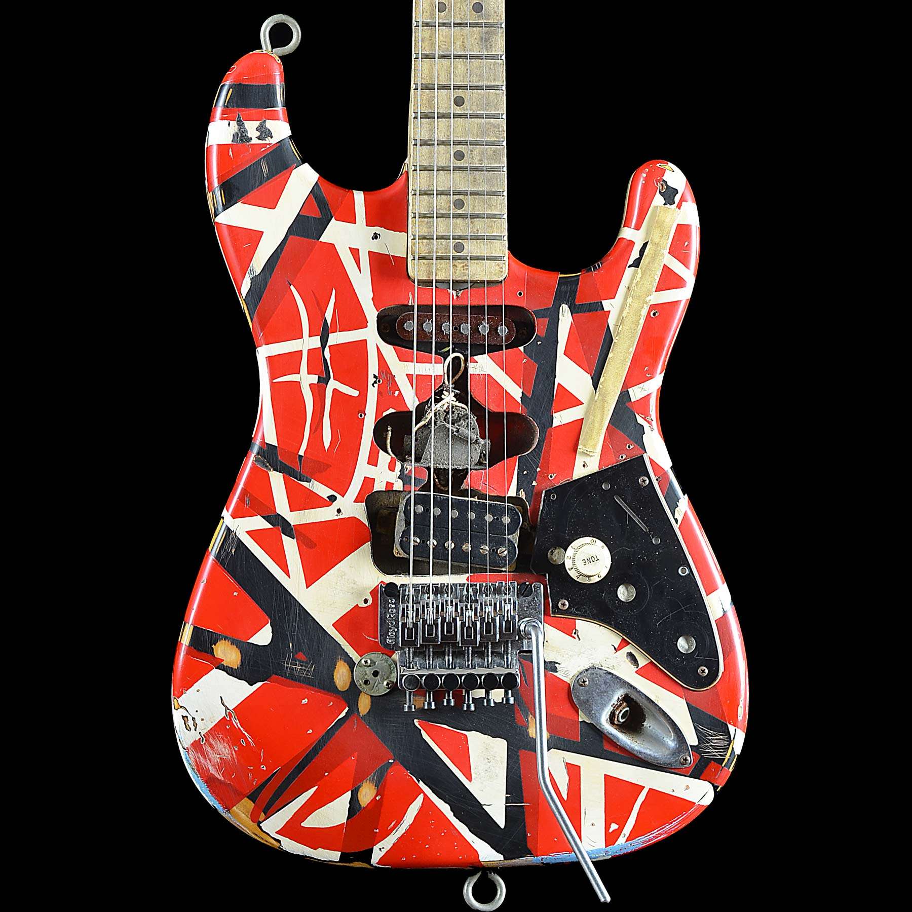 

Heavy Relic Edward Van Halen Franken Stein Electric Guitar White Black Stripe Red, Floyd Rose Tremolo Bridge & Locking Nut, Special Strap Button