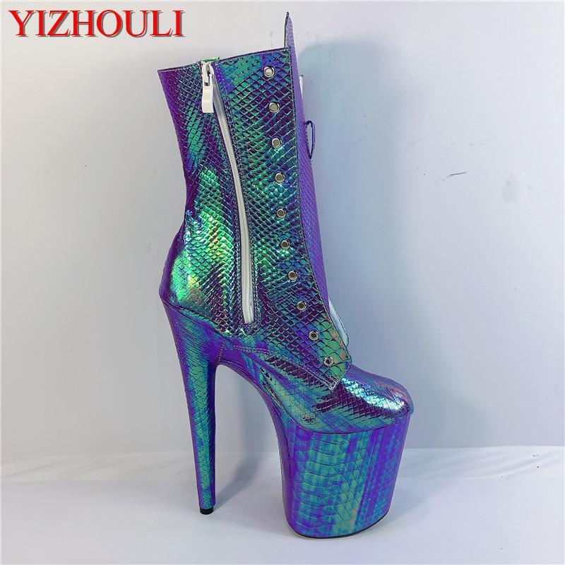 

20cm stiletto heels, 8in pole dancing boots, snake-print, color-changing vamp, sexy model party stage, high-heeled ankle boots1