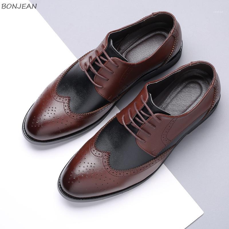 

Men Luxury Dress Shoes Men Brogue Wedding Lace Up Leather Formal Party Oxfords Pointed Toe Mixed Color Genuine Leather Man Shoes1, Black