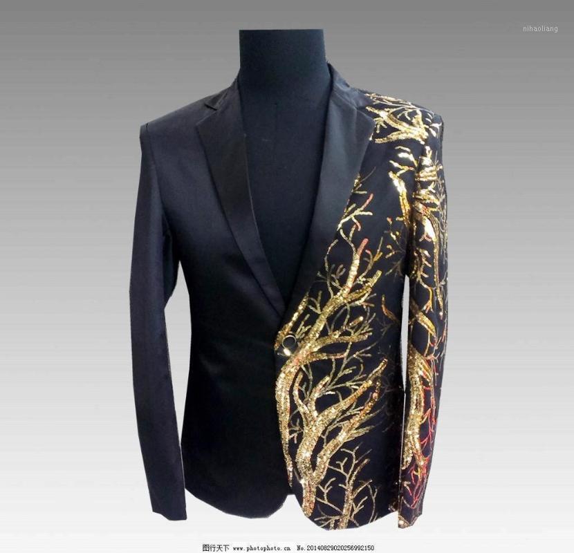 

Unique Design Male Asymmetrical Golden Sequin Pattern Blazer Jacket Men Nightclub Dj Dance Costumes Man Black Banquet Suit Coats1