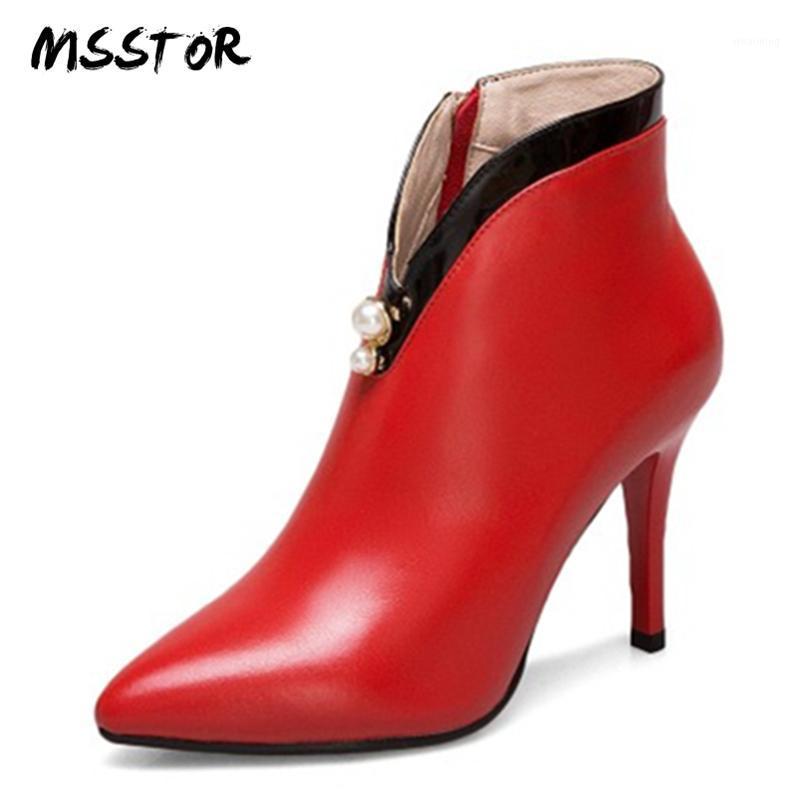 

MSSTOR String Bead Red Shoes Woman Fashion Stiletto Thin Heels Pointed Toe Genuine Leather Sexy Boots Mixed Colors Ankle Boots1, Black