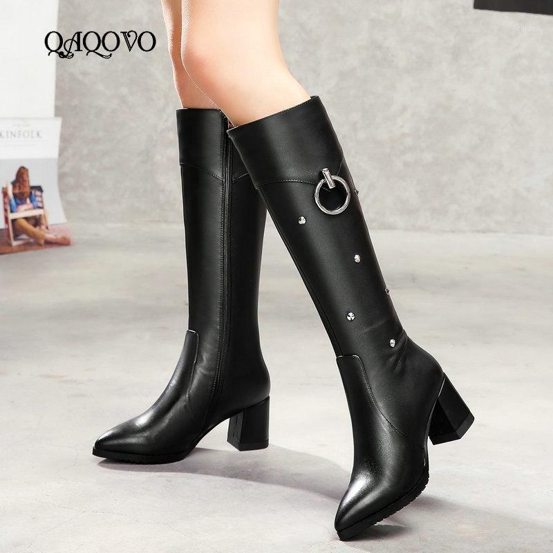 

Black Leather Knee High Boots Women Autumn Winter Boots Shoes Square High Heel Zipper Pointed Toe Rivet Fashion Shoes1