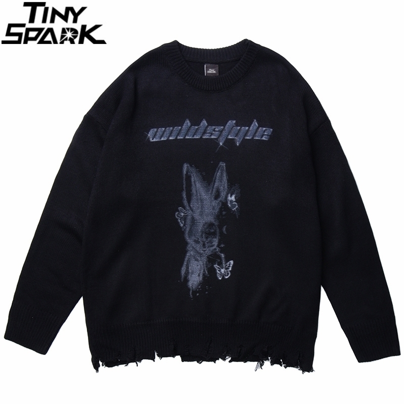 

Men Hip Hop Sweater Pullover Streetwear Butterfly Print Knitted Sweater Retro Vintage Autumn Ripped Sweaters Dark Style 201104, A5520901 black