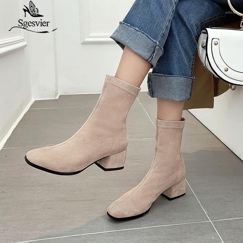 

Sgesvier New Stretch socks boots Women Shoes Slip ankle boots spring winter elegant Square high heels shoes female Plus size 431, Black