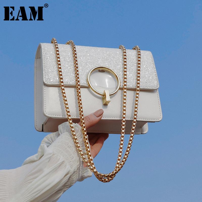 

[EAM] Women New Sequined Metal Chains PU Leather Flap Personality All-match Crossbody Shoulder Bag Fashion Tide 2021 18A1137, White