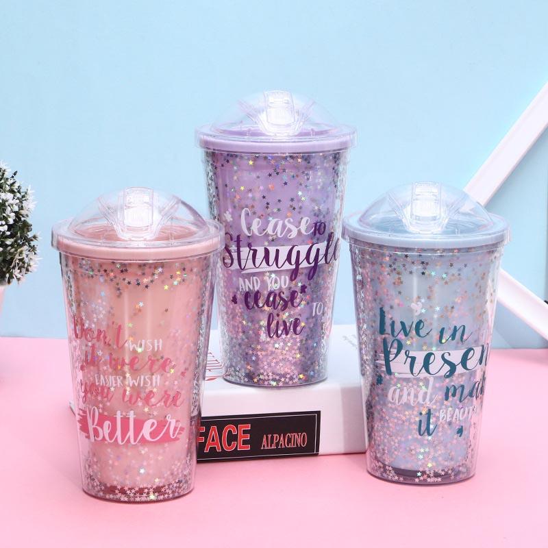 

Fashion Creative 420ML Travel Portable Cup Mug Double Plastic Star Bling Shining Design Coffee Water Tumbler Gift, Pink star cup