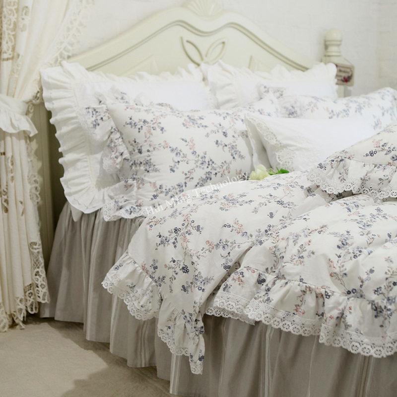

European ruffle lace Pastoral cotton bedding set flower duvet cover elegant bedspread pillowcase princess bed clothes HM-11B, Hm-11b-grid