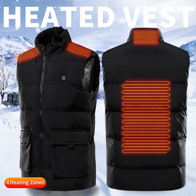 

4 Areas Heated Vest USB Electric Heating Vest Outdoor Autumn Winter Infrared Fast Heating Warm Jacket, Black