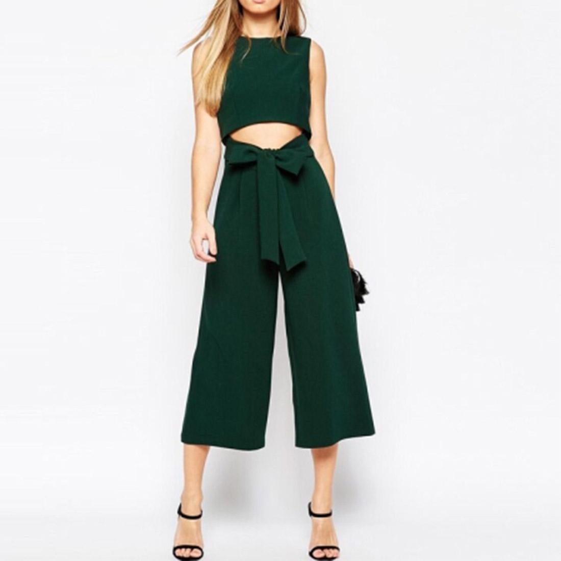 

Waist Bandage Cutout Wide Legs Jumpsuit Sexy Cropped Pants Jumpsuit Size M