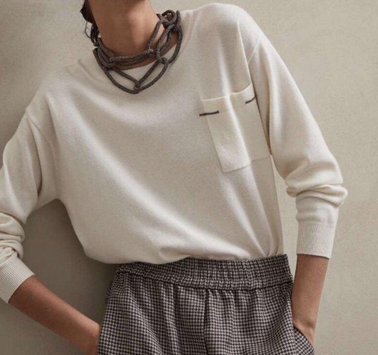 

Women Sweater Winter New Classic Round Neck Cashmere Pocket Beaded Pullover Sweater Women, Creamy-white