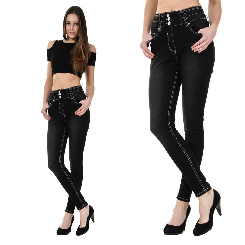 

Ladies Solid Color Button Jeans Pants Women Soft Retro Skinny Denim Trousers High Waist Stretch Pencil Jeans, Black