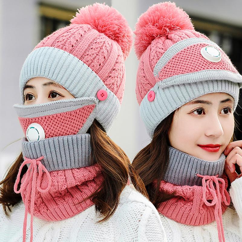 

Winter 3 Piece Warm Beanies Skullies Hats Women Knitted cap With Breathable Masks Scarf Cycling Windproof bonnets gorros mujer, Black