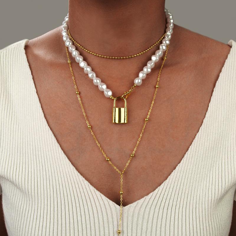 

pearl necklace jewelry fashion lock Shaped Pendant multi-layer European and American Necklace female accessories