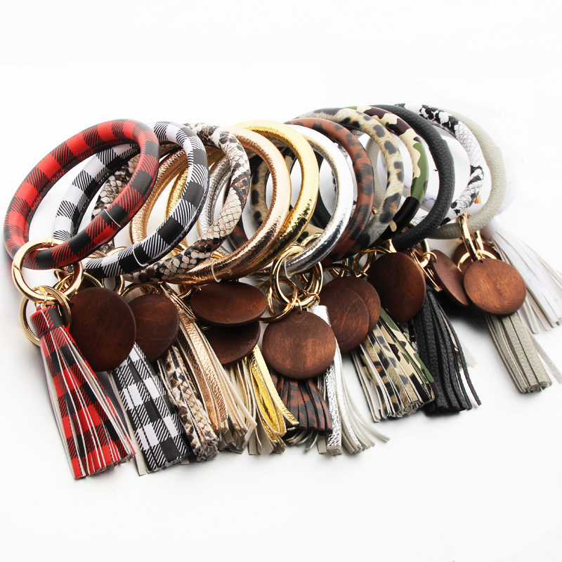 

PU Leather Bracelet PU Tassel Keychain Personalized Customizable Wood Disc Pendant Bracelet Keychain Lattice Leopard Pattern XD24255