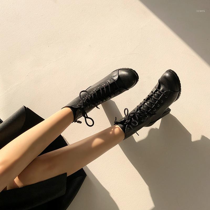 

2020 Winter Boots Women's All-match Black Round Head Thick Heel 4CM/6CM Zipper Leather Nude Boots Size 33-421, Black 4cm