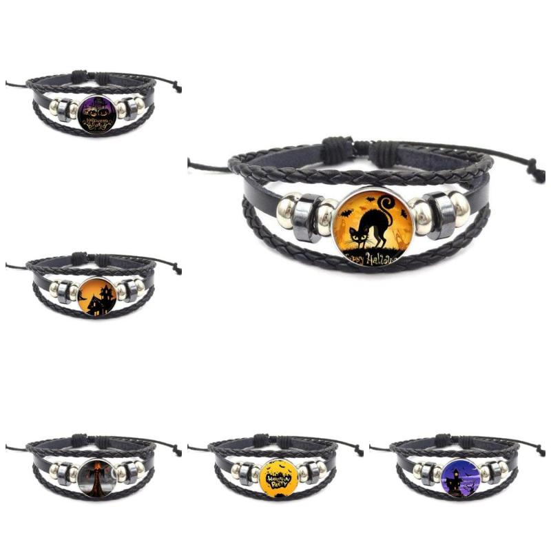 

EJ Glaze Halloween Party Glass Cabochon Round Black Leather Bracelet Bangle Jewelry Gifts For Men Women Gift