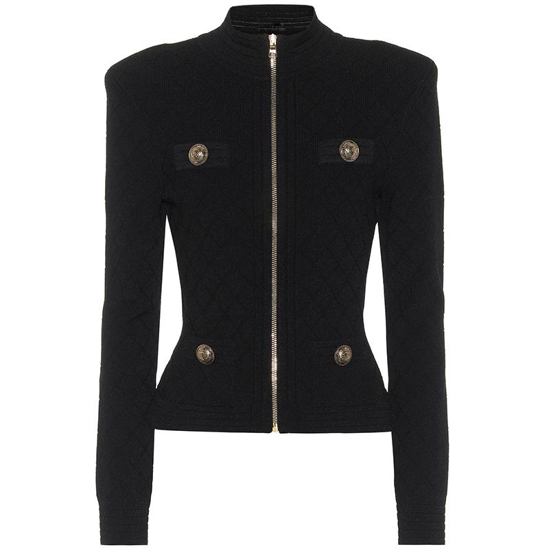 

HIGH STREET Newest 2020 Designer Jacket Women' Pockets Lion Buttons Zip Knit Jacket, Black