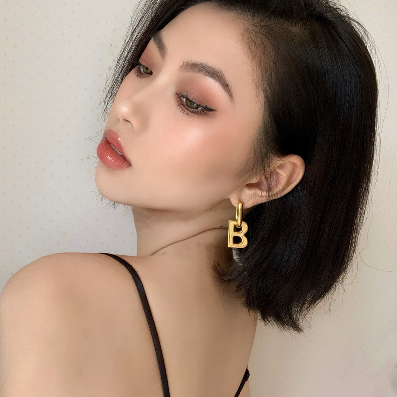 High Quality INS Style Gold Plated Copper Hoop Earring Smooth Surface Letter B Earrings-image-614449879