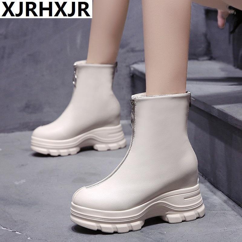 

Women Zip Boots 2020 Fashion Autumn High Top Sneakers Comfortable Leather Platform Boots Winter 9CM Heels Wedges Ankle1, Beige