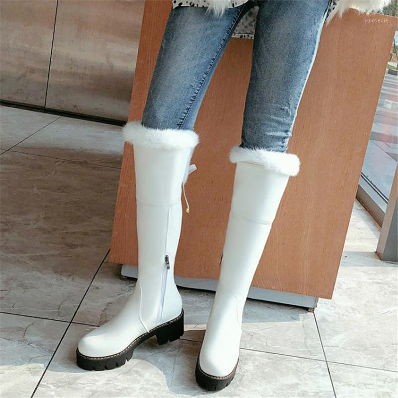 

PXELENA 2021 Winter Warm Knee High Snow Boots Waterproof Faux Fur Chunky Heels Riding Knight Plush Comfort Shoes Plus Size 34-431, Black