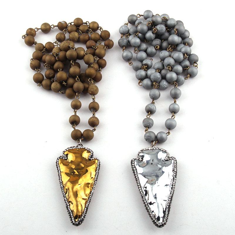 

Free Shipping Fashion Bohemian Tribal Jewelry Natural Druzy Bead Rosary Chain Handmake Paved Arrowhead Pendant Necklaces