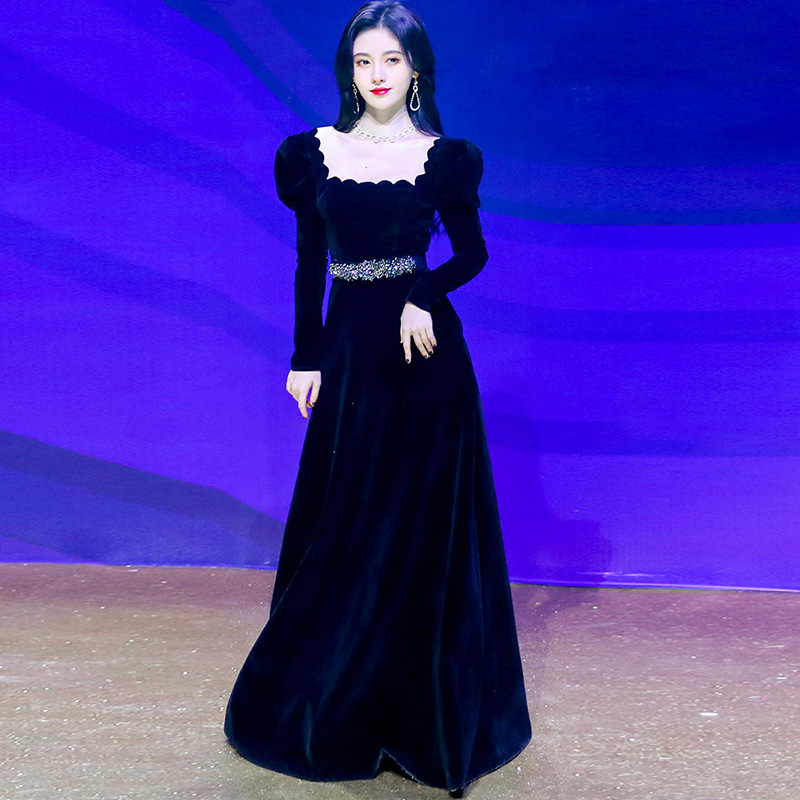 

New 2021 Retro Designer Velvet Maxi Elegant Girl Party Line Turtleneck Square Belt Long Sleeve Dress O41d, Black