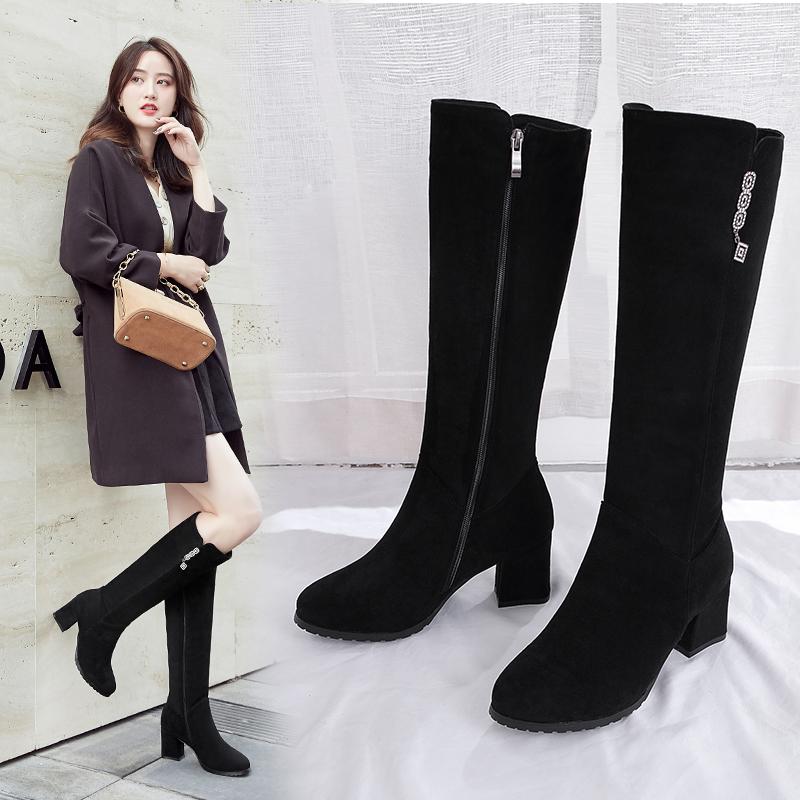 

Black Boots Women Shoes 2020 Thigh High Boots Zapatos Para Mujer for Women High Heel Flock Knee-High Zip Round Toe, 1 short plush