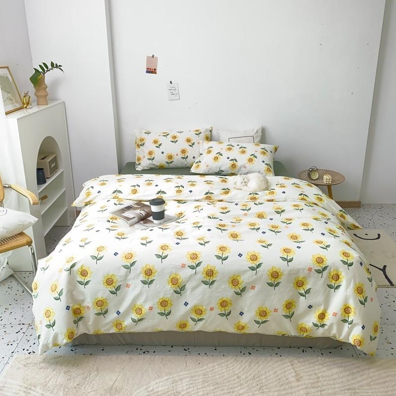 

100%Cotton Floral Duvet cover set  Full Queen Size for Kids Women Yellow Sunflowers Bedding Set Soft Duvet Cover Bed Sheet, Color 1