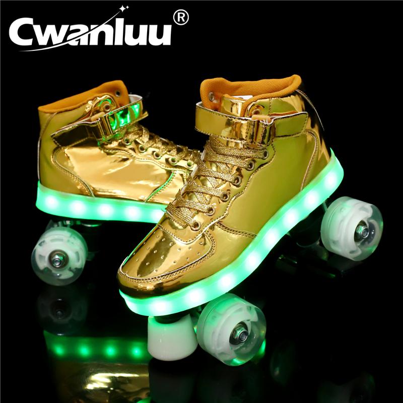 

7 Color LED Flash 4-Wheel PU Roller Skates For Kids USB Recharge Sneakers Roller Shoes Double-Row Men Women Europe Size 35-45, Flash wheel-pink