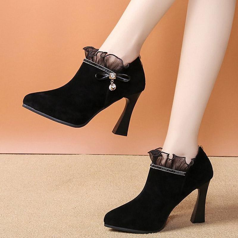 

2020 Winter Women Bare Boots Super High Heels Dress Shoes Black Crystal Lace Pumps Pointed Toe Booties Ladies Shoes Red 8435N, Wine red