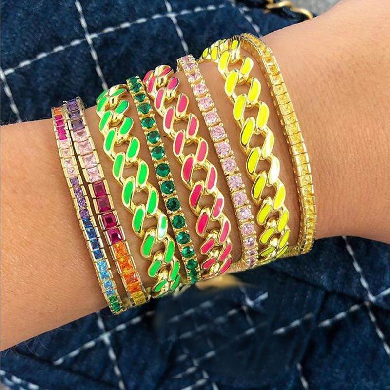 

New Colorful Rhinestonel Miami Enamel Curb Cuban Bracelet Women Jewelry Hip Hop Thick 8MM Gold Color Cuban Link Heavy Bracelets