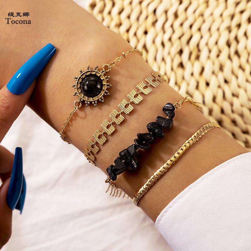 

Tocona 4pcs/sets Black Stone Sun Bracelets for Women Gold Color Alloy Metal Chain Wafer Bangle Party Jewelry Accessories 16942