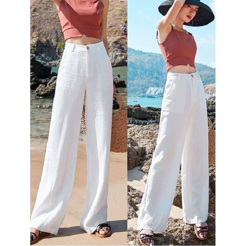 

2021 New of linen, broad-legged summer fine, casual female trousers loose, feminine cotton, elastic waistband, high tube, YQSF, Black.