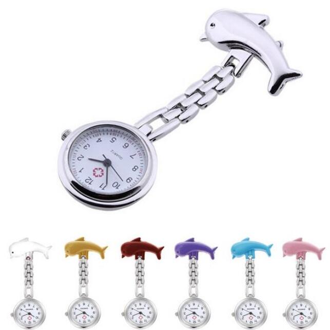 Fashion Dolphin Nurse Alloy Watches Clip-On Pendant Medical Pocket Watch Brooch Doctor Quartz Timer Colorful Cartoon Design Nurses Clock