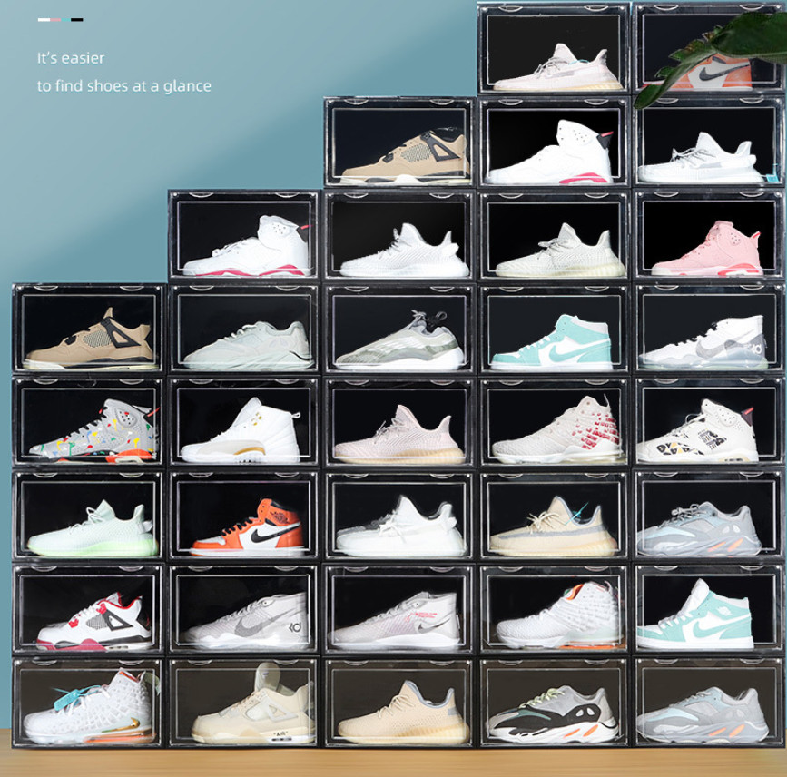 

Magnet Design BIG SIZE Transparent Plastic Shoe Box AJ Sneakers Dustproof Shoe Storage Box Flip Shoe Boxes Stackable Shoes Organizer Box, 3 colors
