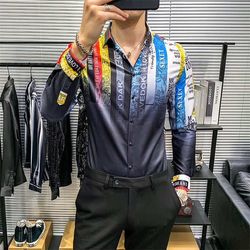 

Korean Spring New 2021 Colorful Striped Print Shirts Men Clothing Long Sleeve Simple Slim Fit Casual Club Prom Tuxedo Black 3XL
